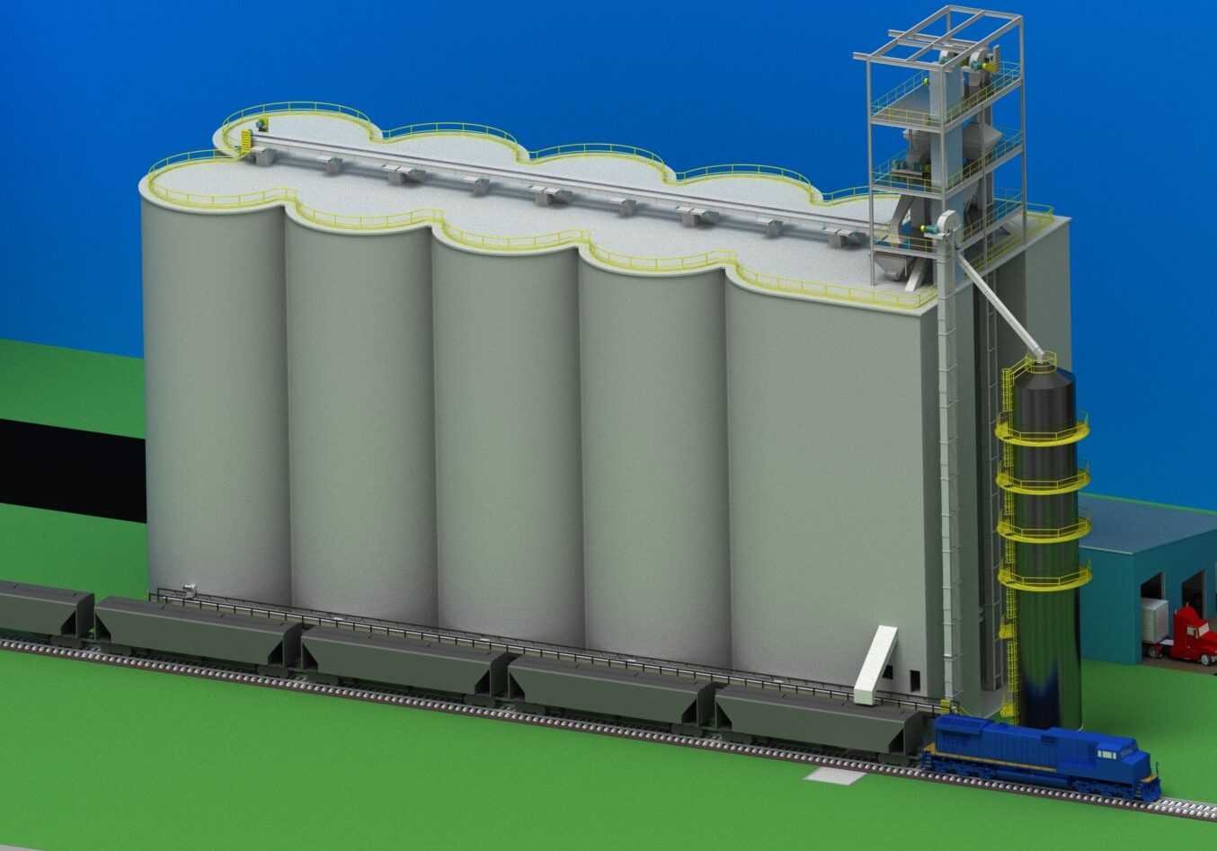 Concrete Slipform Grain Elevator 110 Rail Car Shuttle loading of corn, soybeans, wheat, canola, barley 10,000 BPH Grain Dryer